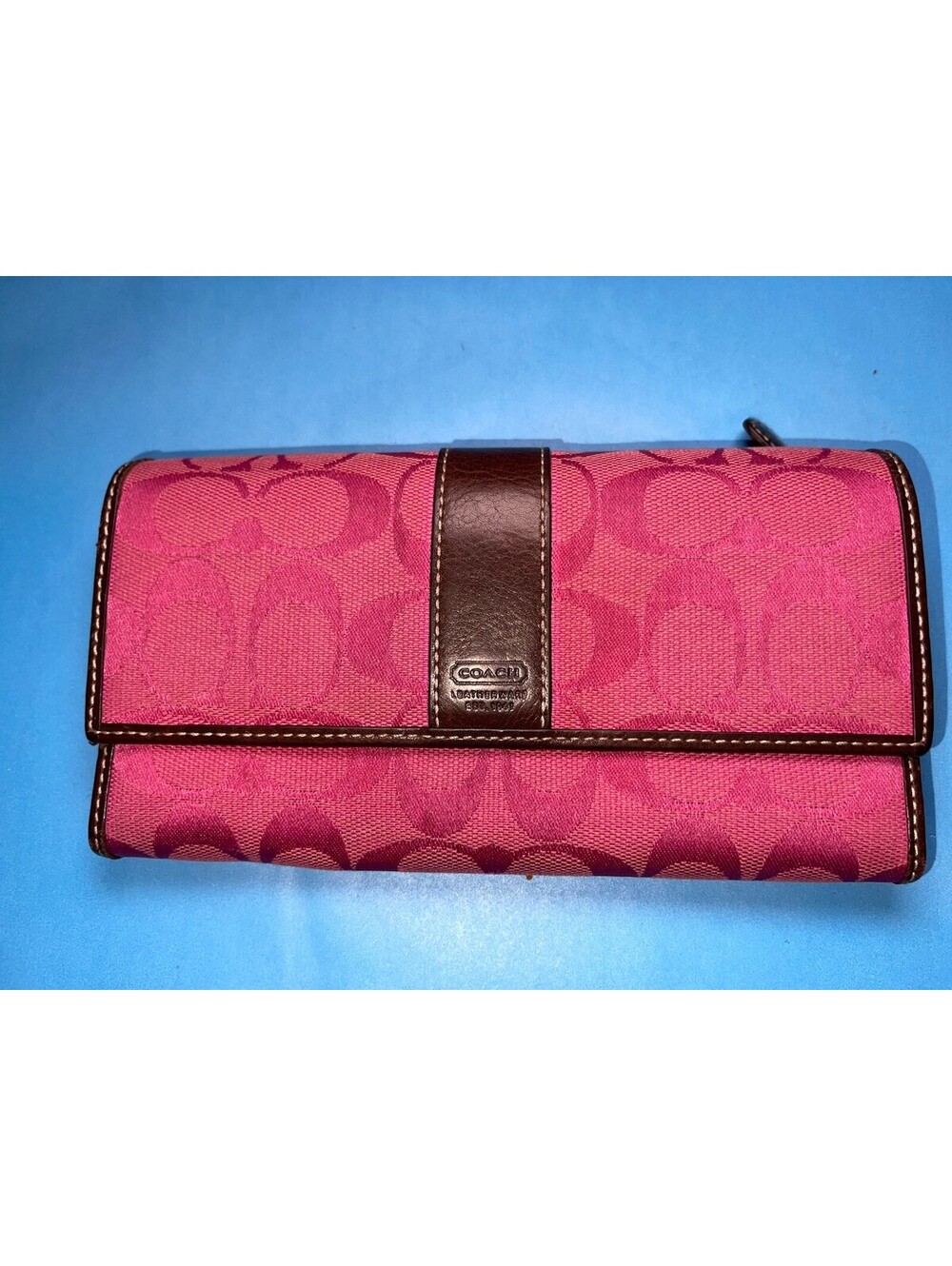 Coach Pink Signature C Jacquard Accordion Zip Wallet Brown Leather Checkbook